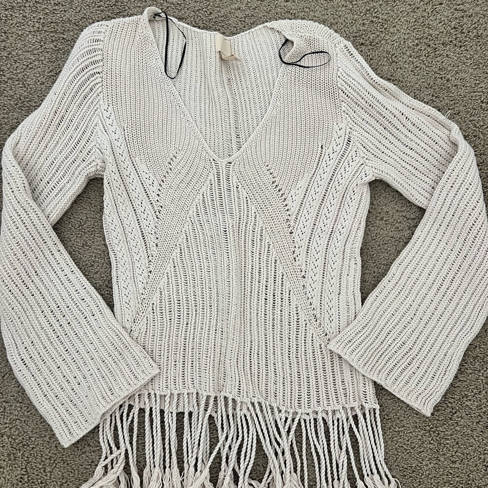 H&M Cream V-Neck Sweater with Fringe